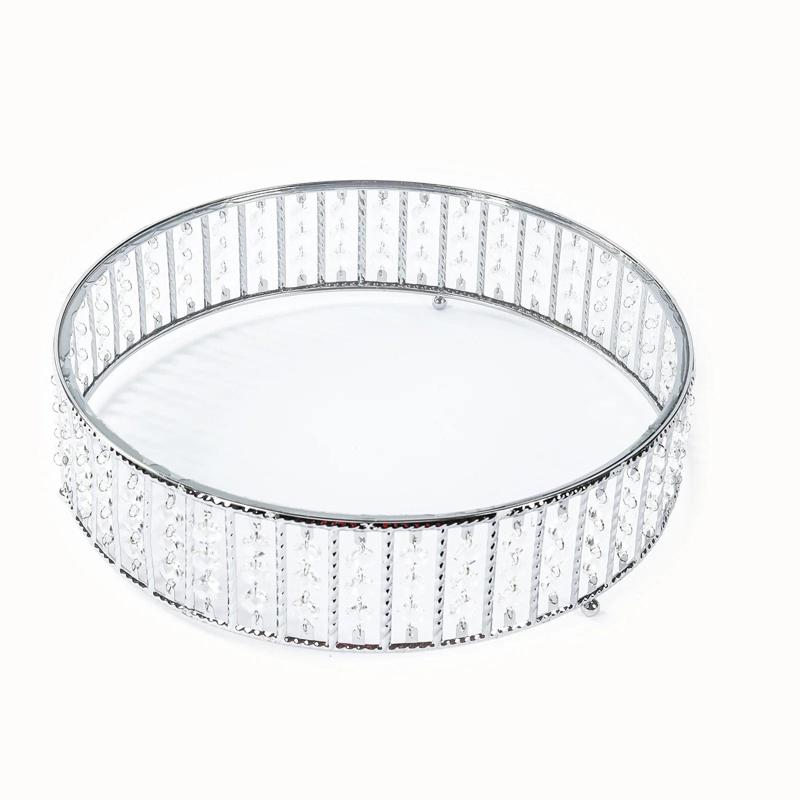 Round Metal Cake Stand with Glass Top and Hanging Crystal Beads CHDLR_CAKE28R_14_SILV