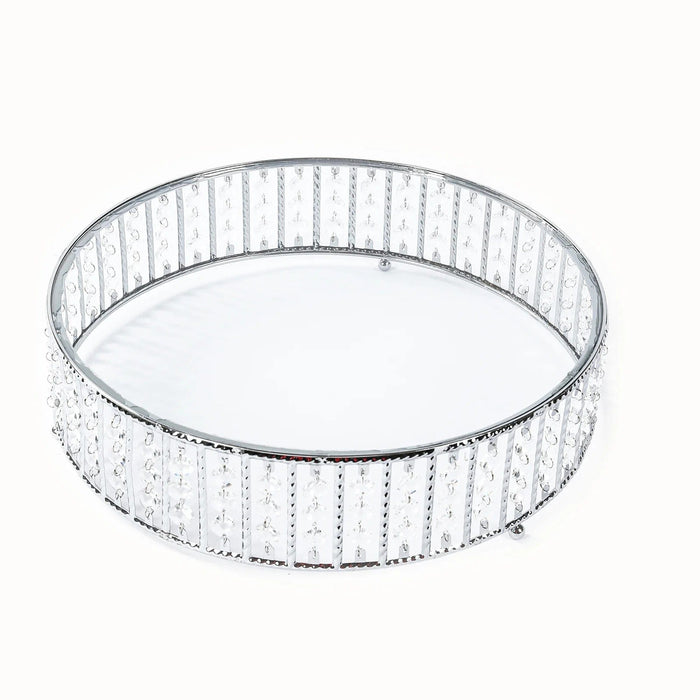 Round Metal Cake Stand with Glass Top and Hanging Crystal Beads CHDLR_CAKE28R_14_SILV