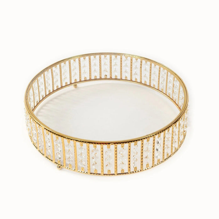 Round Metal Cake Stand with Glass Top and Hanging Crystal Beads CHDLR_CAKE28R_18_GOLD