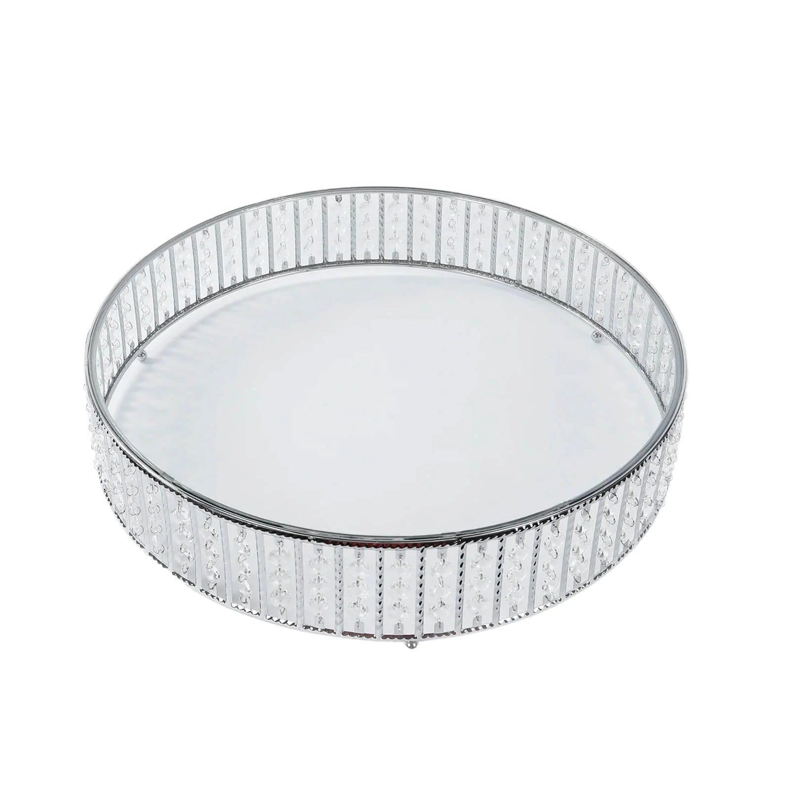 Round Metal Cake Stand with Glass Top and Hanging Crystal Beads CHDLR_CAKE28R_18_SILV