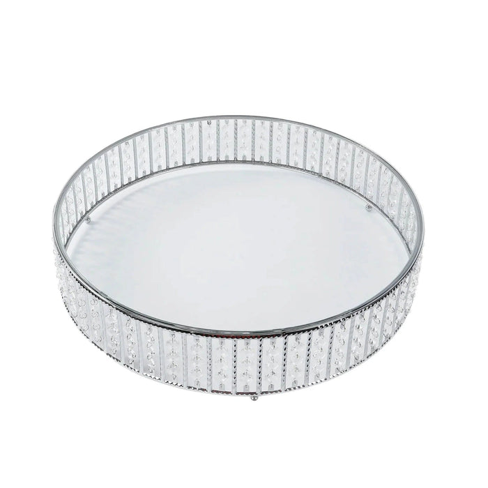 Round Metal Cake Stand with Glass Top and Hanging Crystal Beads CHDLR_CAKE28R_18_SILV