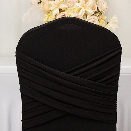 Ruffle Pleated Skirt Fitted Spandex Banquet Chair Cover with Cross Back Sash