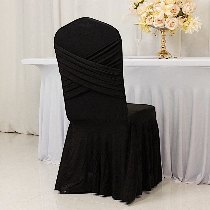 Ruffle Pleated Skirt Fitted Spandex Banquet Chair Cover with Cross Back Sash