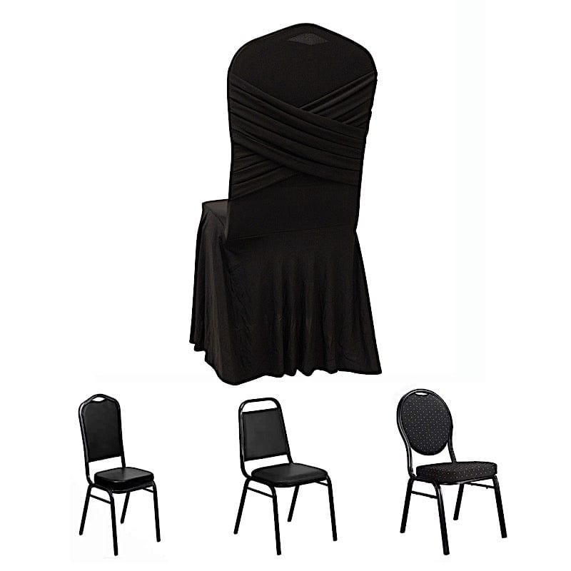 Ruffle Pleated Skirt Fitted Spandex Banquet Chair Cover with Cross Back Sash