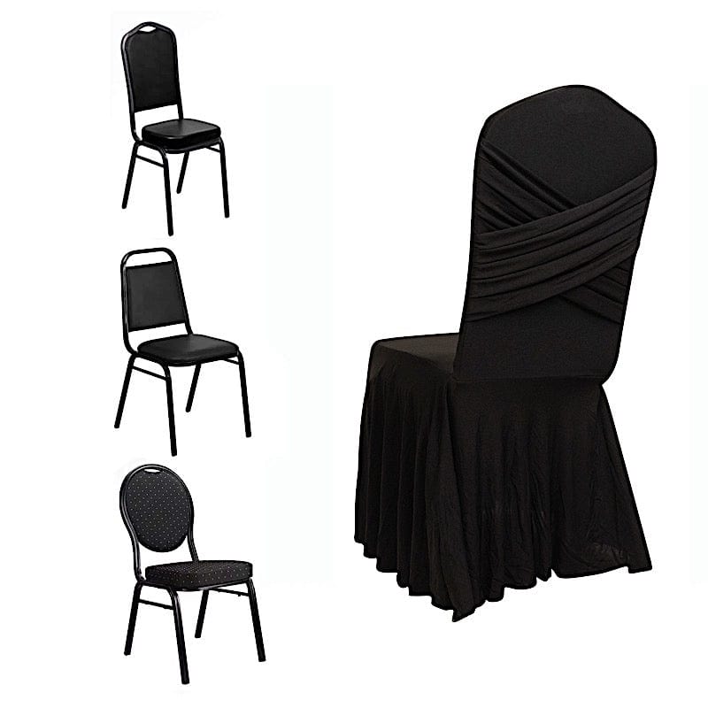 Ruffle Pleated Skirt Fitted Spandex Banquet Chair Cover with Cross Back Sash