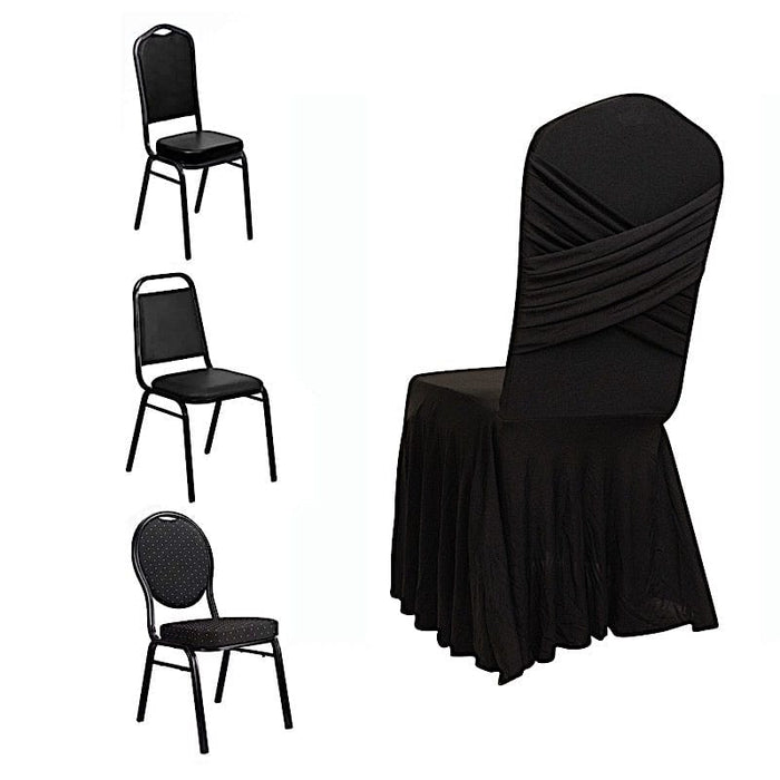 Ruffle Pleated Skirt Fitted Spandex Banquet Chair Cover with Cross Back Sash