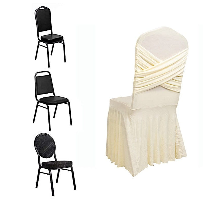 Ruffle Pleated Skirt Fitted Spandex Banquet Chair Cover with Cross Back Sash