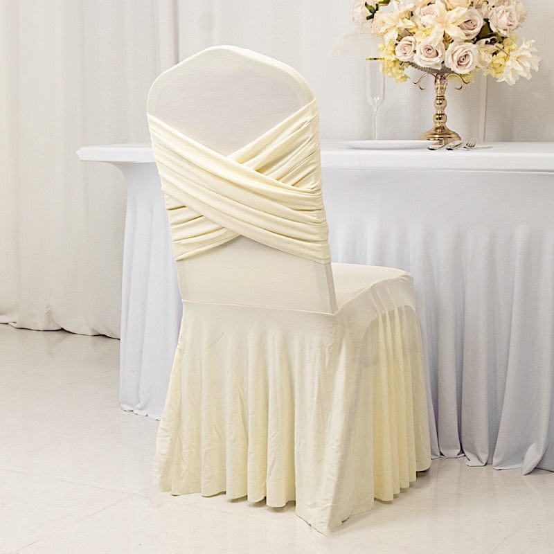 Ruffle Pleated Skirt Fitted Spandex Banquet Chair Cover with Cross Back Sash