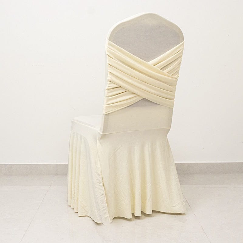 Ruffle Pleated Skirt Fitted Spandex Banquet Chair Cover with Cross Back Sash