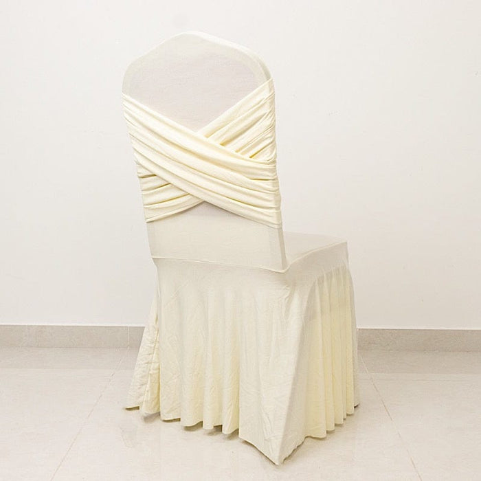 Ruffle Pleated Skirt Fitted Spandex Banquet Chair Cover with Cross Back Sash