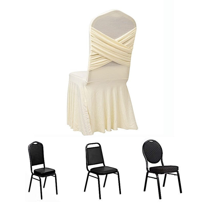 Ruffle Pleated Skirt Fitted Spandex Banquet Chair Cover with Cross Back Sash