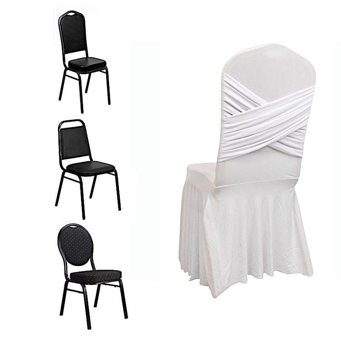 Ruffle Pleated Skirt Fitted Spandex Banquet Chair Cover with Cross Back Sash
