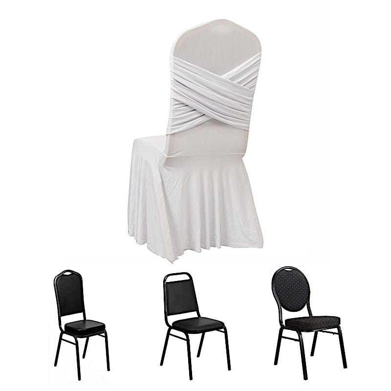 Ruffle Pleated Skirt Fitted Spandex Banquet Chair Cover with Cross Back Sash