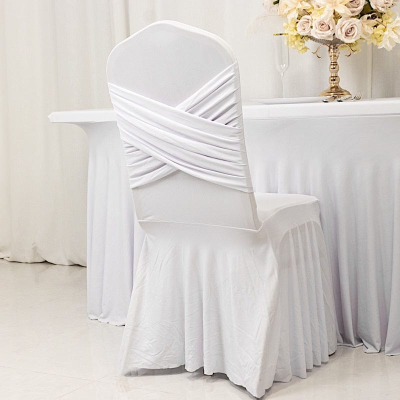 Ruffle Pleated Skirt Fitted Spandex Banquet Chair Cover with Cross Back Sash