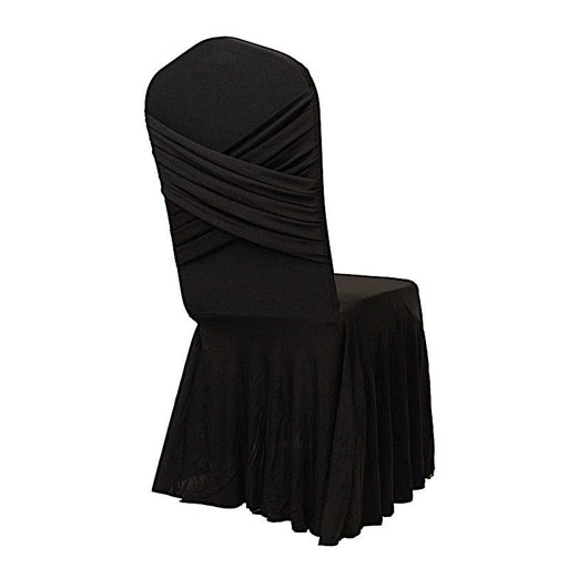 Ruffle Pleated Skirt Fitted Spandex Banquet Chair Cover with Cross Back Sash CHAIR_SPX_RUF01_BLK