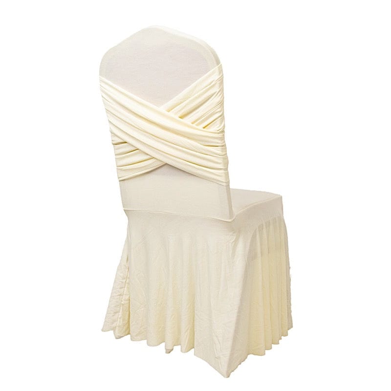 Ruffle Pleated Skirt Fitted Spandex Banquet Chair Cover with Cross Back Sash CHAIR_SPX_RUF01_IVR