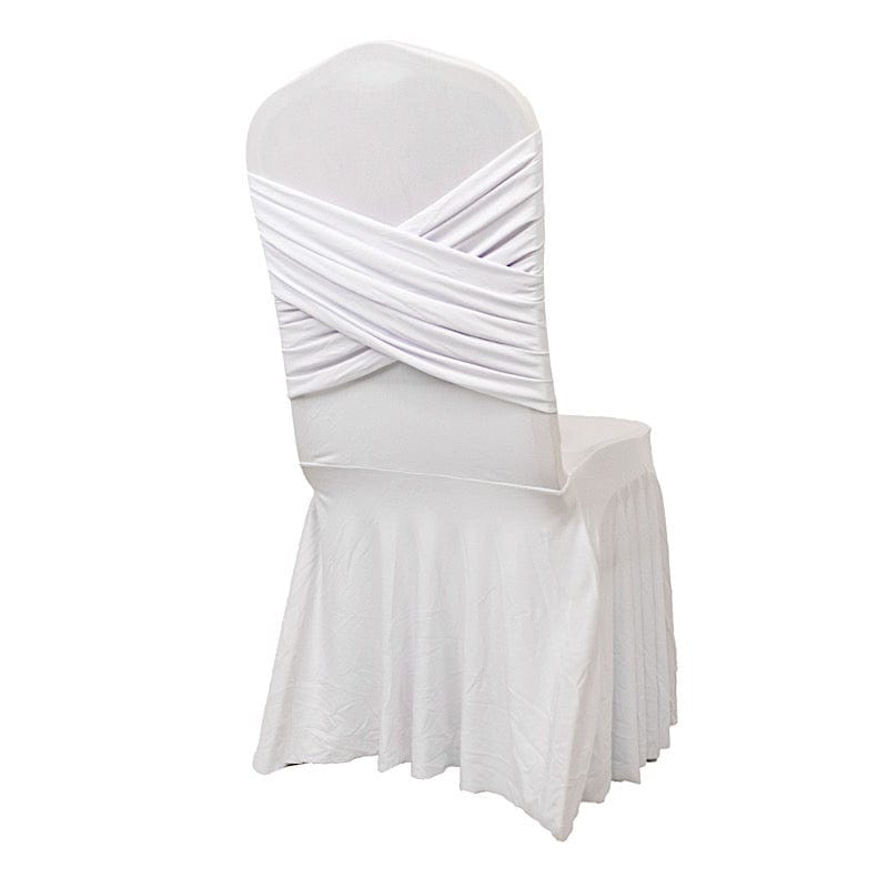 Ruffle Pleated Skirt Fitted Spandex Banquet Chair Cover with Cross Back Sash CHAIR_SPX_RUF01_WHT