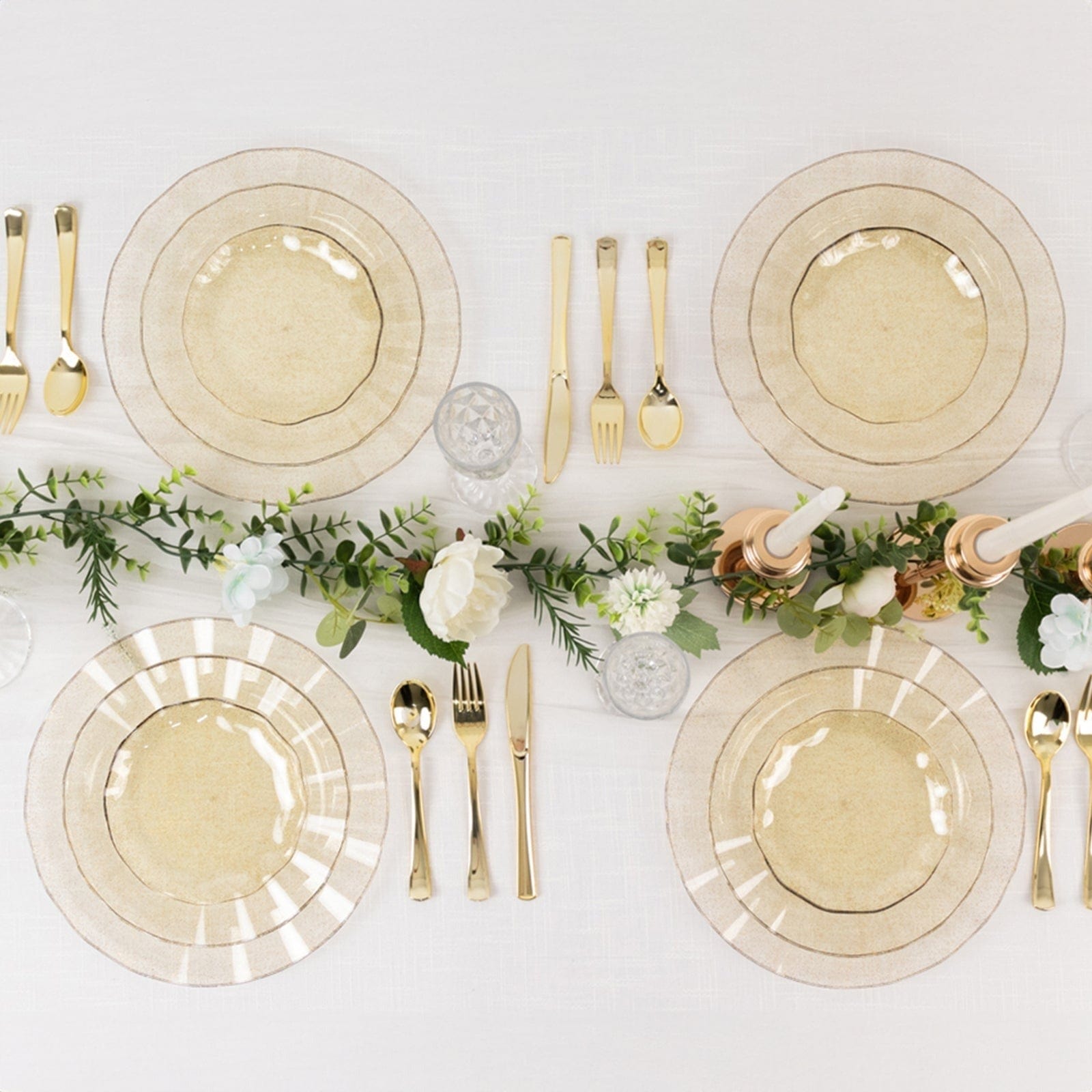 10 Round Plastic Salad Dinner Plates with Gold Wavy Rim - Disposable Tableware