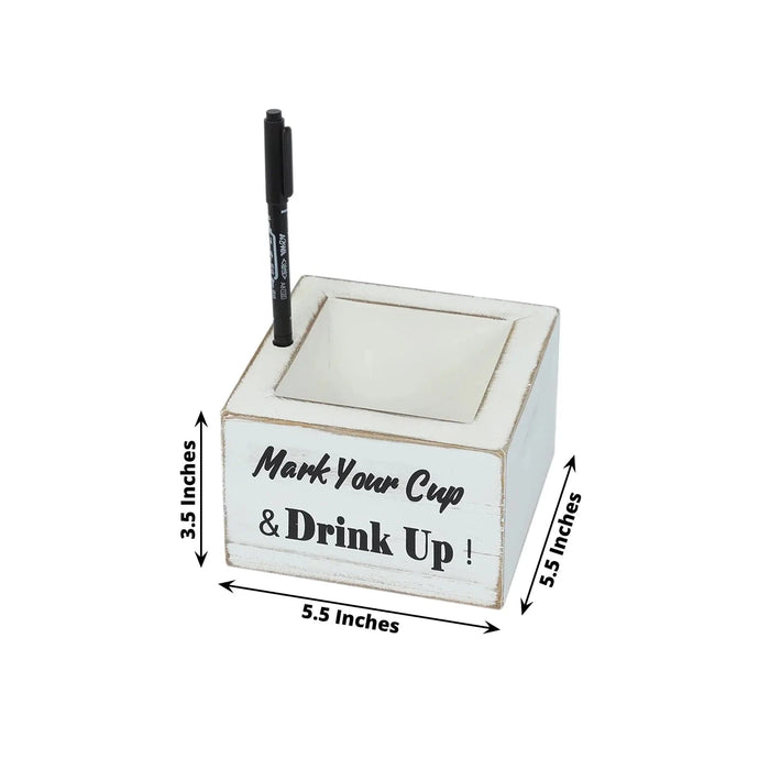 Rustic Wooden Solo Cup Holder Box with Black Marker Pen - Whitewashed WOD_HOLD01_5X5_WHT