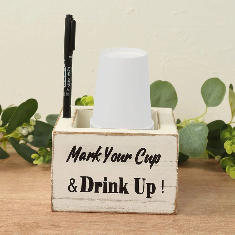 Rustic Wooden Solo Cup Holder Box with Black Marker Pen - Whitewashed WOD_HOLD01_5X5_WHT