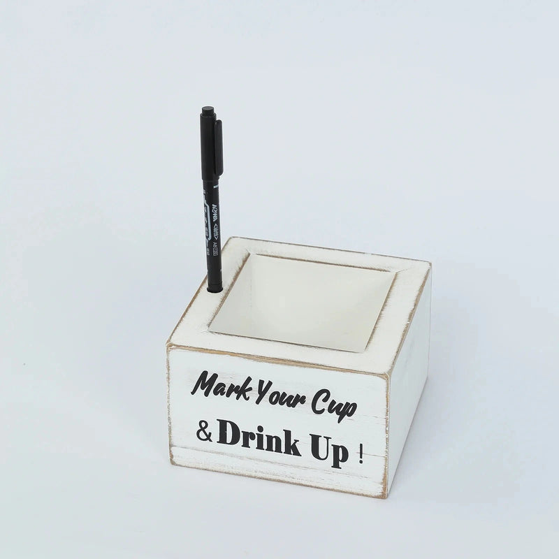 Rustic Wooden Solo Cup Holder Box with Black Marker Pen - Whitewashed WOD_HOLD01_5X5_WHT