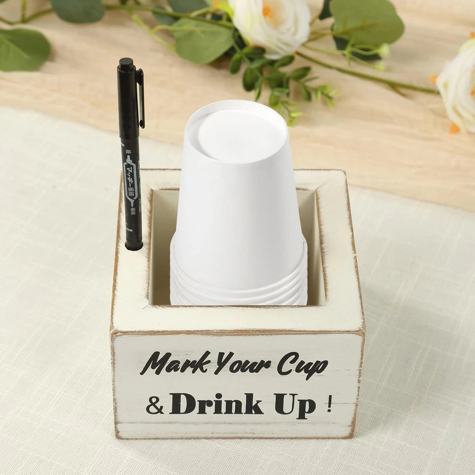 Rustic Wooden Solo Cup Holder Box with Black Marker Pen - Whitewashed WOD_HOLD01_5X5_WHT