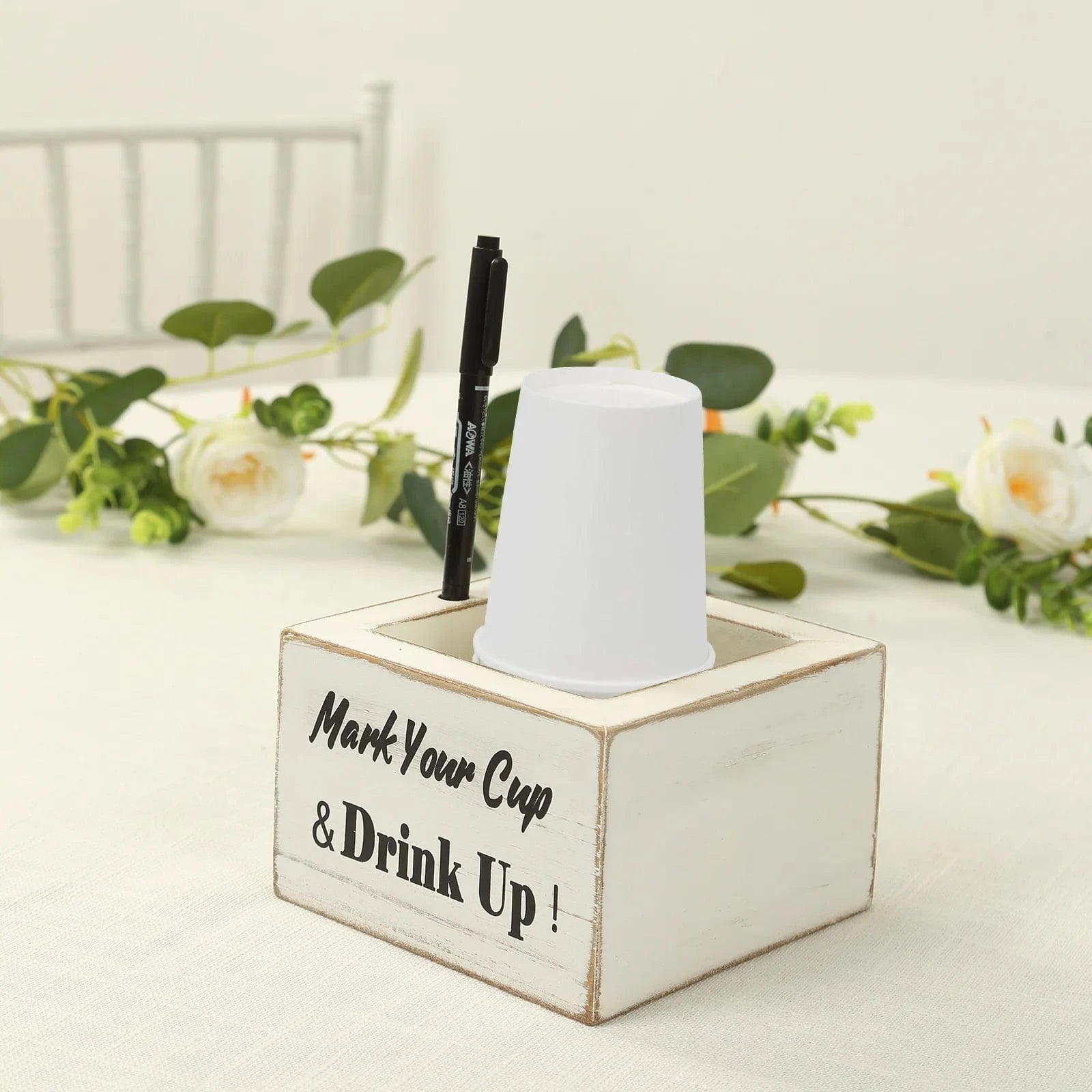 Rustic Wooden Solo Cup Holder Box with Black Marker Pen - Whitewashed WOD_HOLD01_5X5_WHT