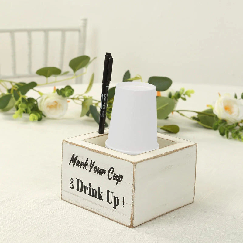 Rustic Wooden Solo Cup Holder Box with Black Marker Pen - Whitewashed WOD_HOLD01_5X5_WHT