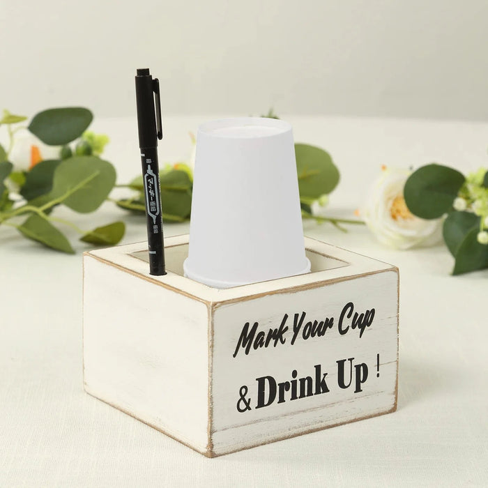 Rustic Wooden Solo Cup Holder Box with Black Marker Pen - Whitewashed WOD_HOLD01_5X5_WHT