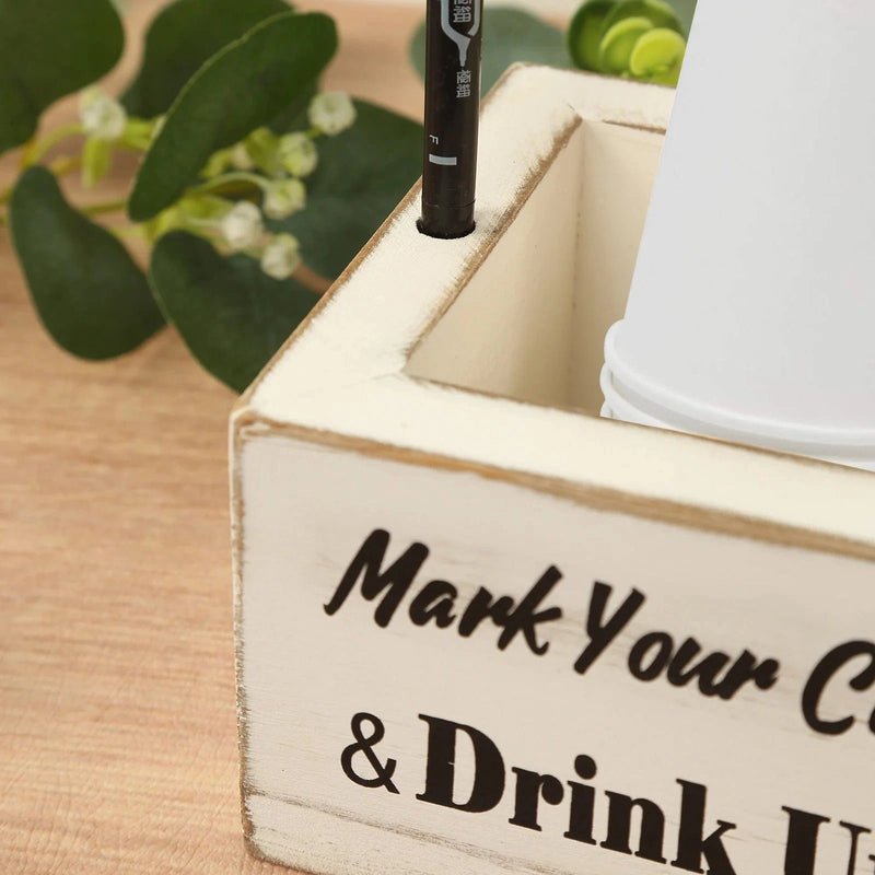 Rustic Wooden Solo Cup Holder Box with Black Marker Pen - Whitewashed WOD_HOLD01_5X5_WHT