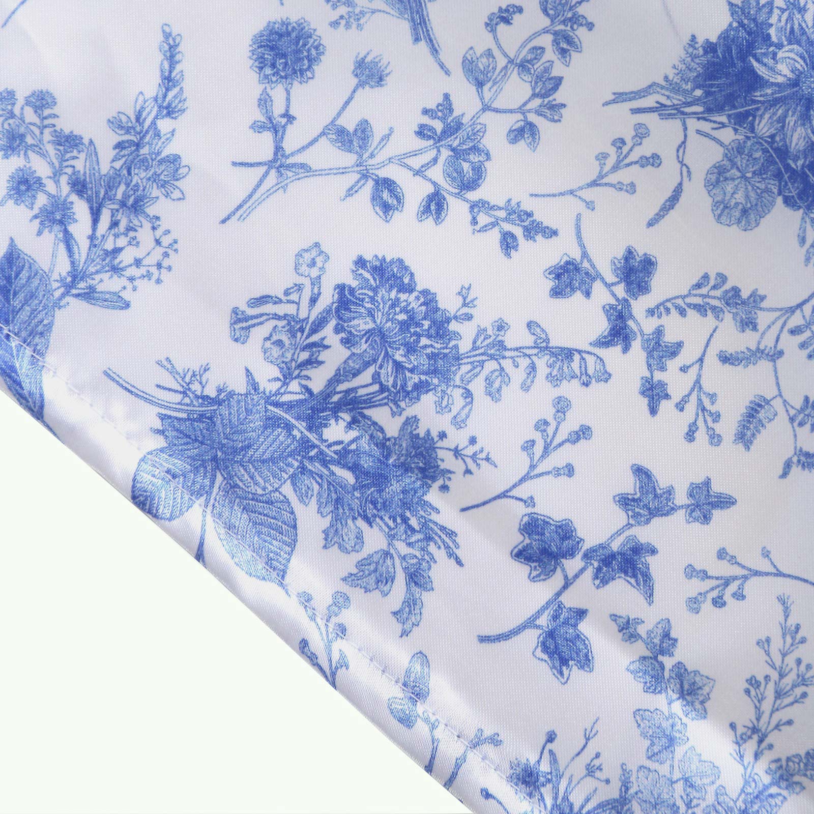 Satin Chiara Backdrop Stand Covers with Chinoiserie Floral Print - White and Blue IRON_STND06_STN_SET_FLOR_BLUE