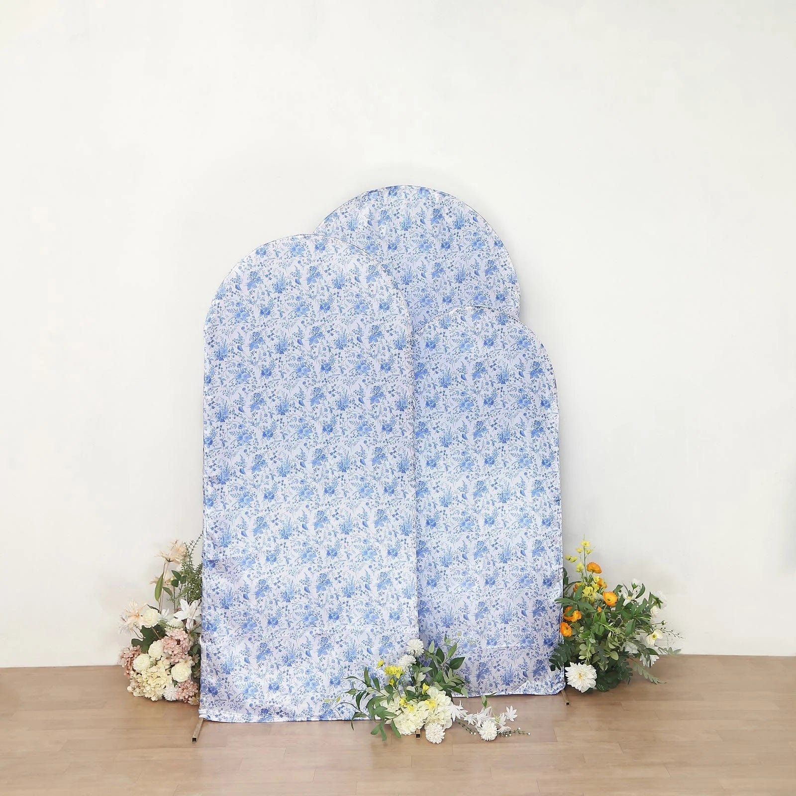 Satin Chiara Backdrop Stand Covers with Chinoiserie Floral Print - White and Blue IRON_STND06_STN_SET_FLOR_BLUE