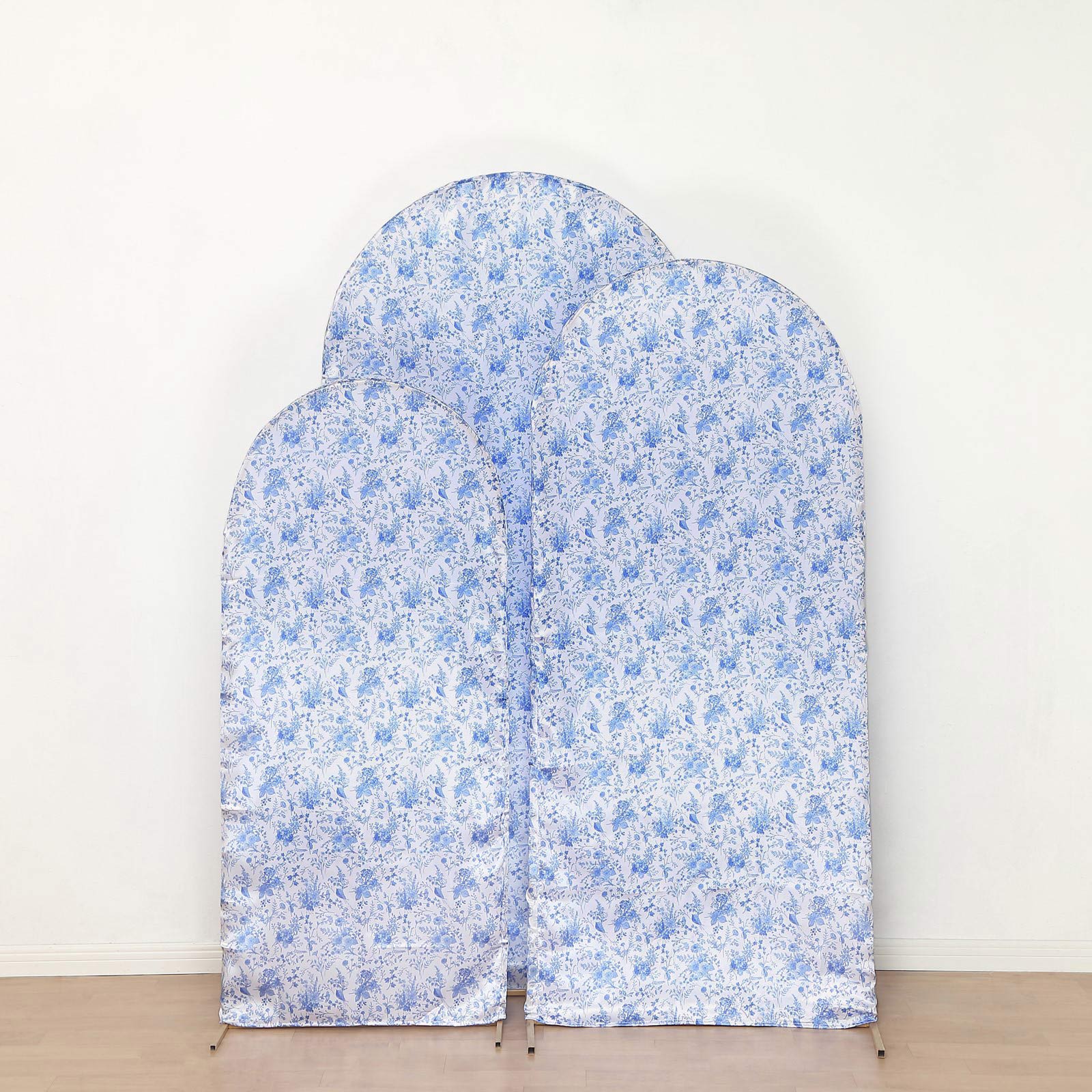 Satin Chiara Backdrop Stand Covers with Chinoiserie Floral Print - White and Blue IRON_STND06_STN_SET_FLOR_BLUE