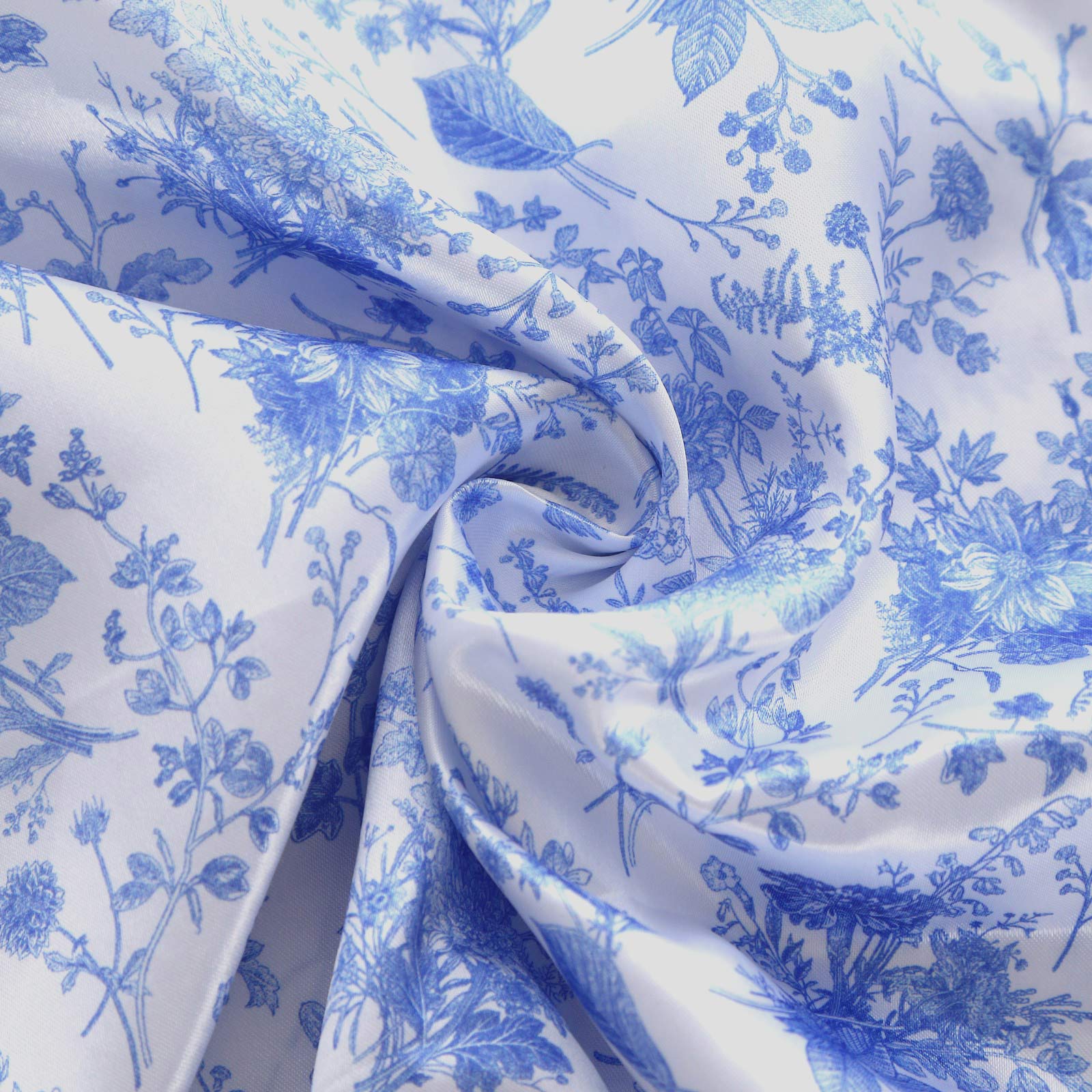 Satin Chiara Backdrop Stand Covers with Chinoiserie Floral Print - White and Blue IRON_STND06_STN_SET_FLOR_BLUE