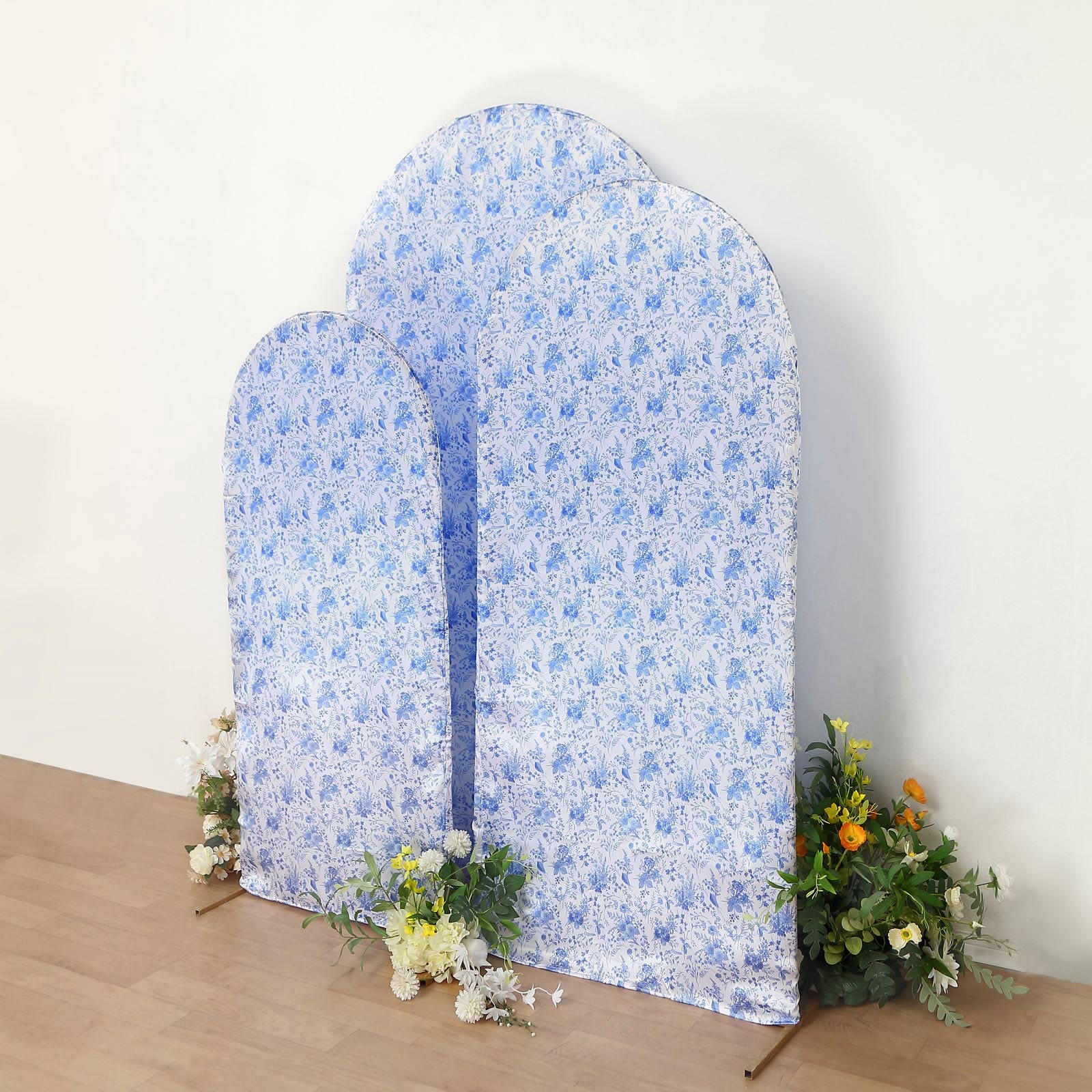 Satin Chiara Backdrop Stand Covers with Chinoiserie Floral Print - White and Blue IRON_STND06_STN_SET_FLOR_BLUE