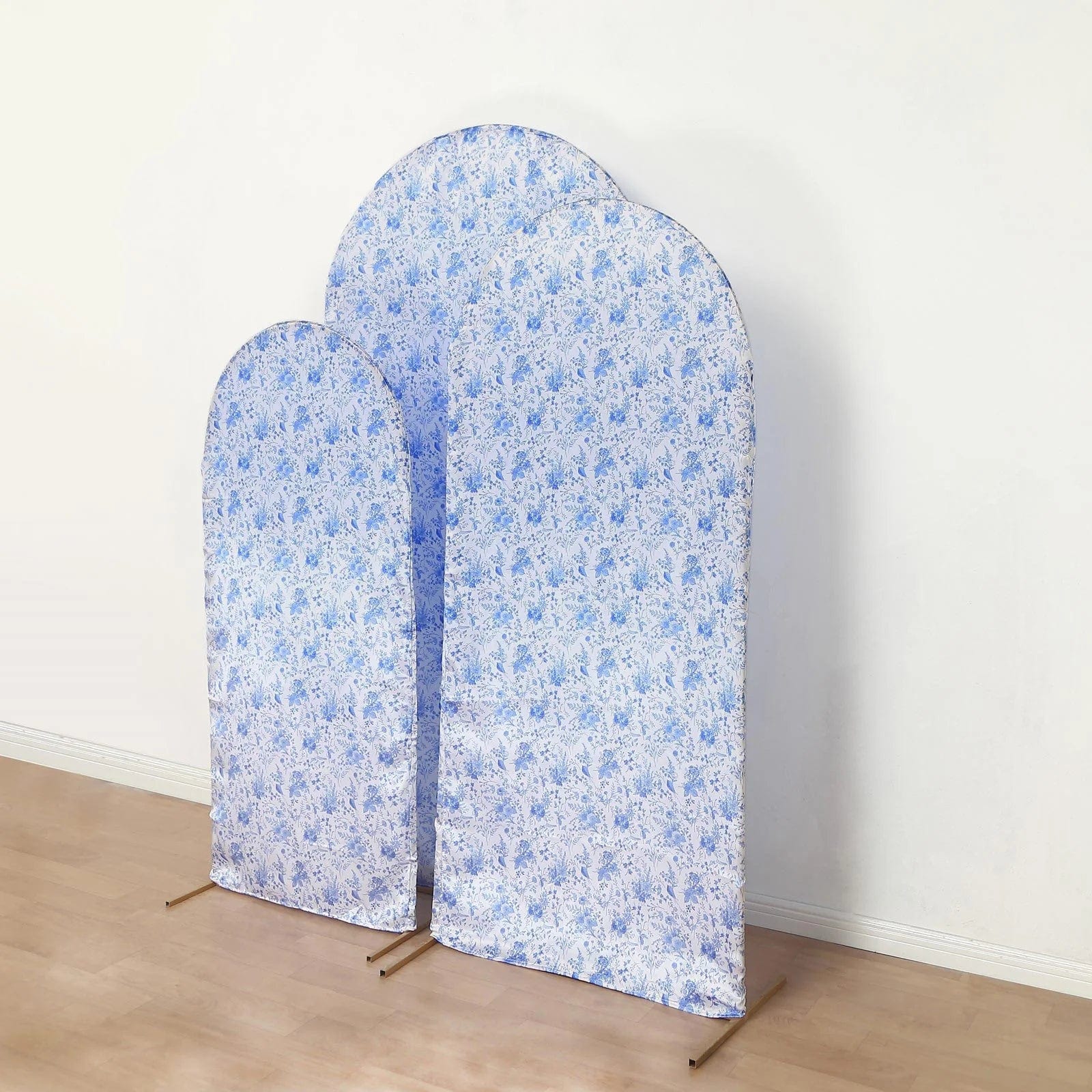 Satin Chiara Backdrop Stand Covers with Chinoiserie Floral Print - White and Blue IRON_STND06_STN_SET_FLOR_BLUE