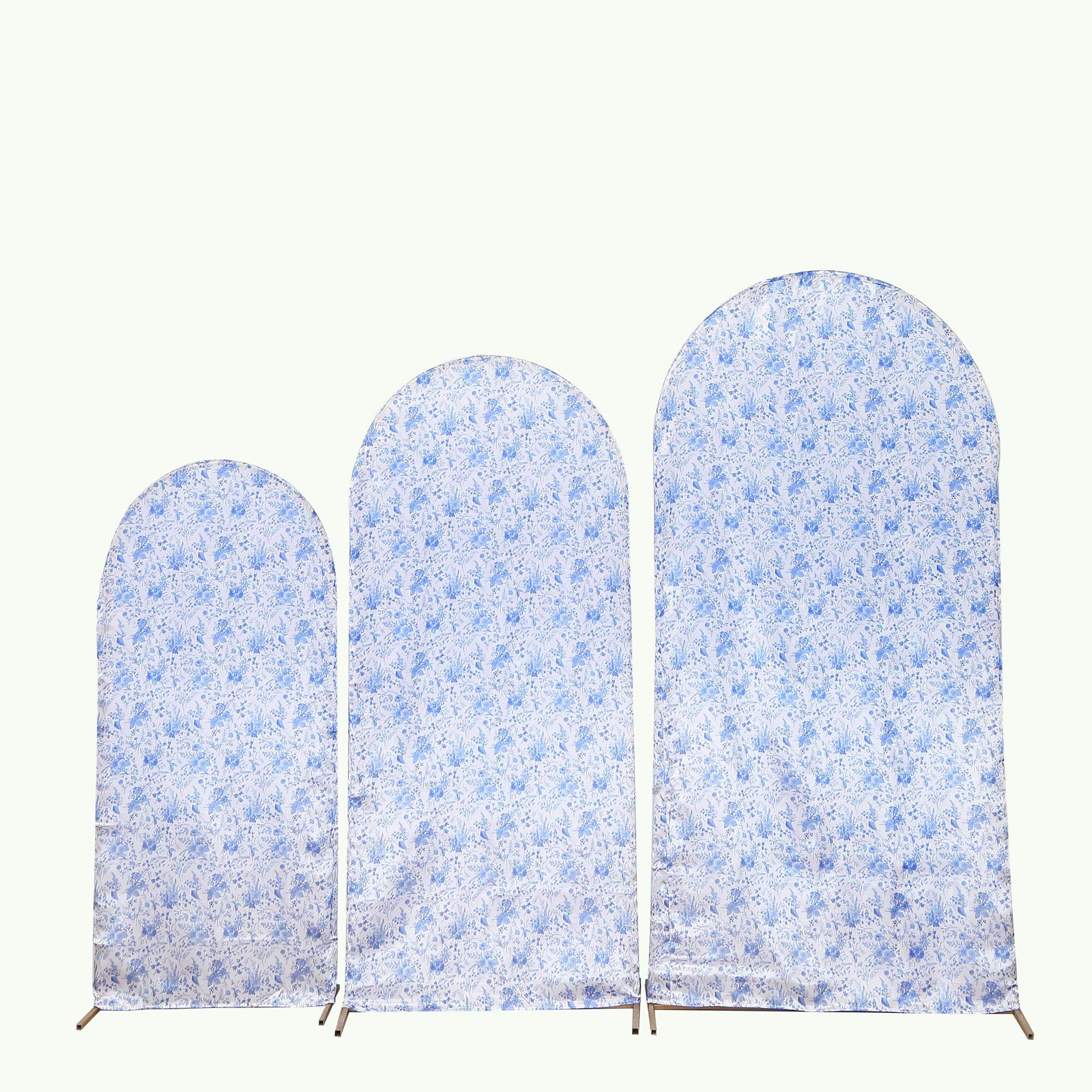 Satin Chiara Backdrop Stand Covers with Chinoiserie Floral Print - White and Blue IRON_STND06_STN_SET_FLOR_BLUE