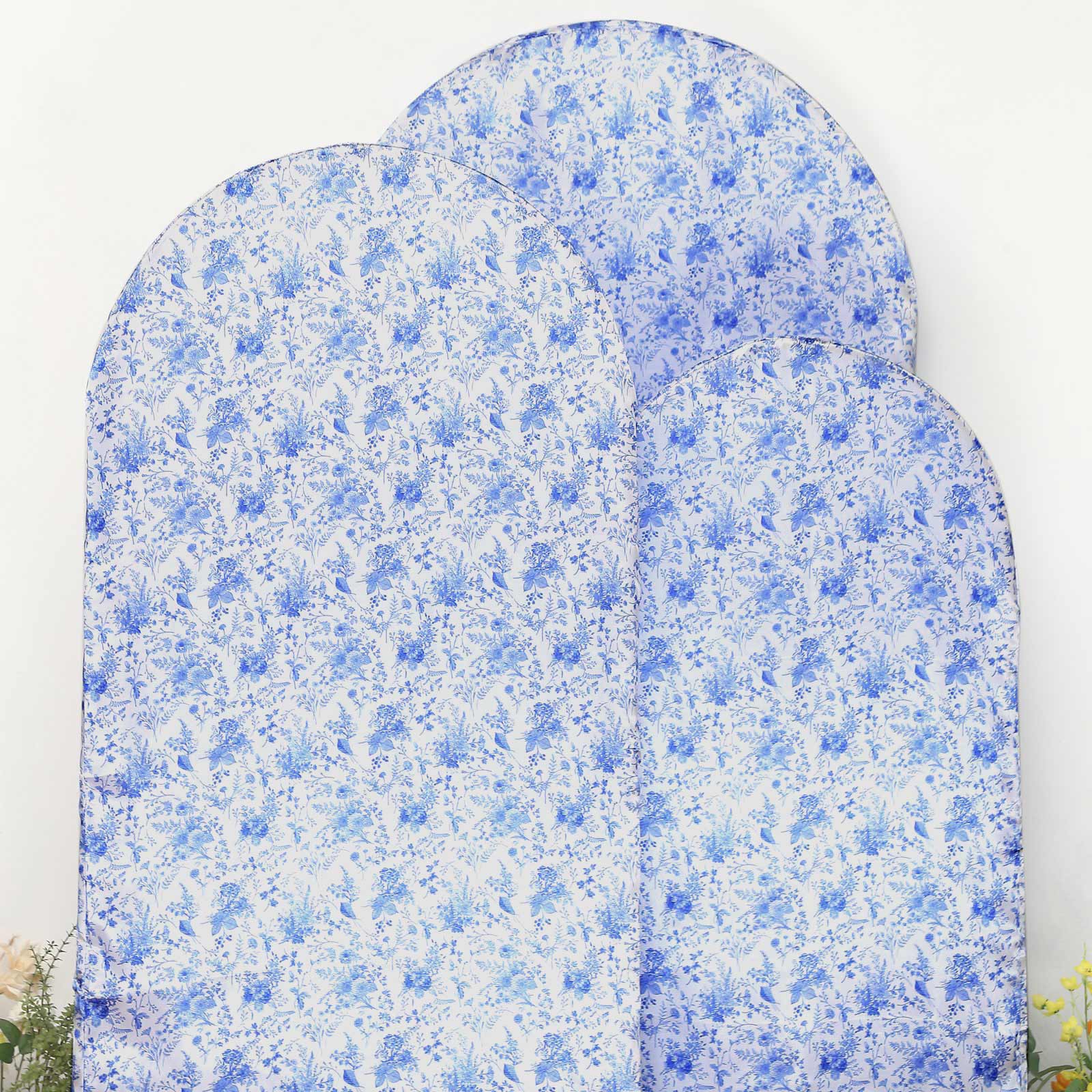 Satin Chiara Backdrop Stand Covers with Chinoiserie Floral Print - White and Blue IRON_STND06_STN_SET_FLOR_BLUE