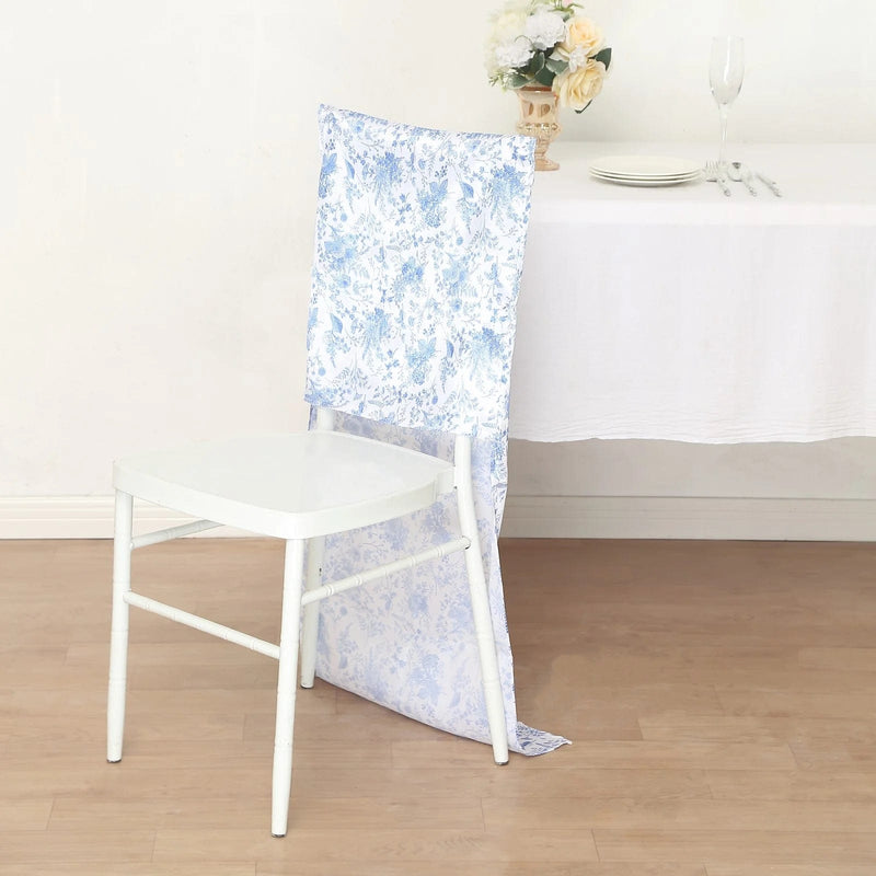 Satin Chiavari Chair Slipcover with Chinoiserie Floral Print - White and Blue SLIP_STN_FLOR_BLUE