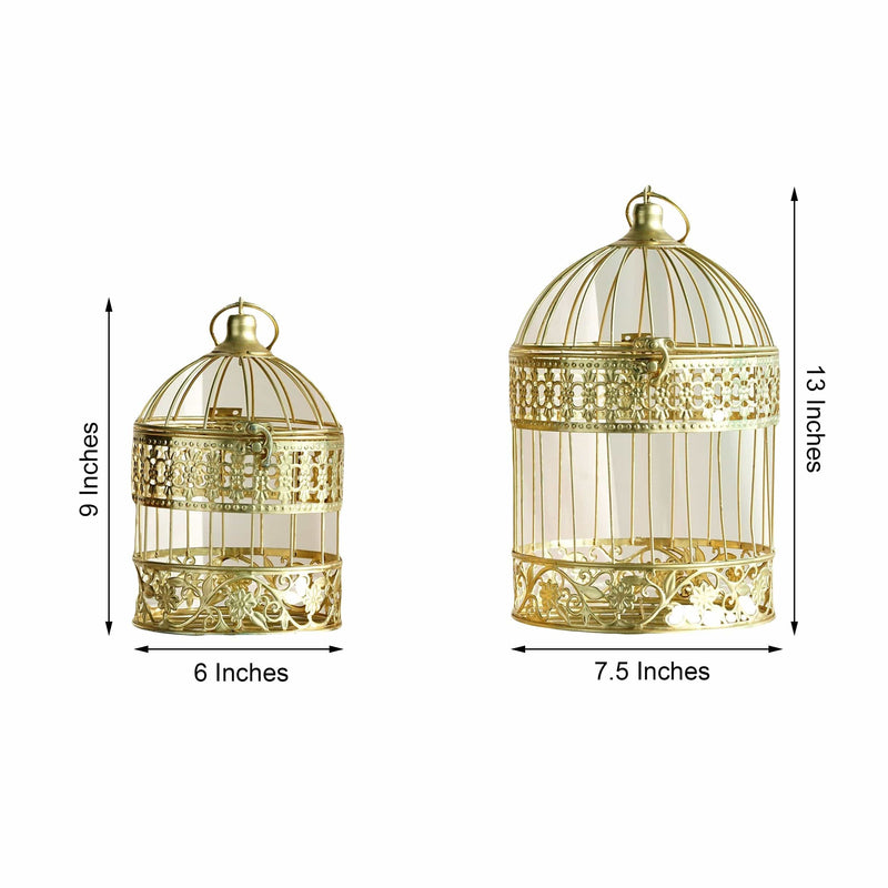 Set of 2 9" and 13" tall Metal Bird Cages Wedding Card Holder Centerpieces - Gold IRON_LG_BDCG_GOLD