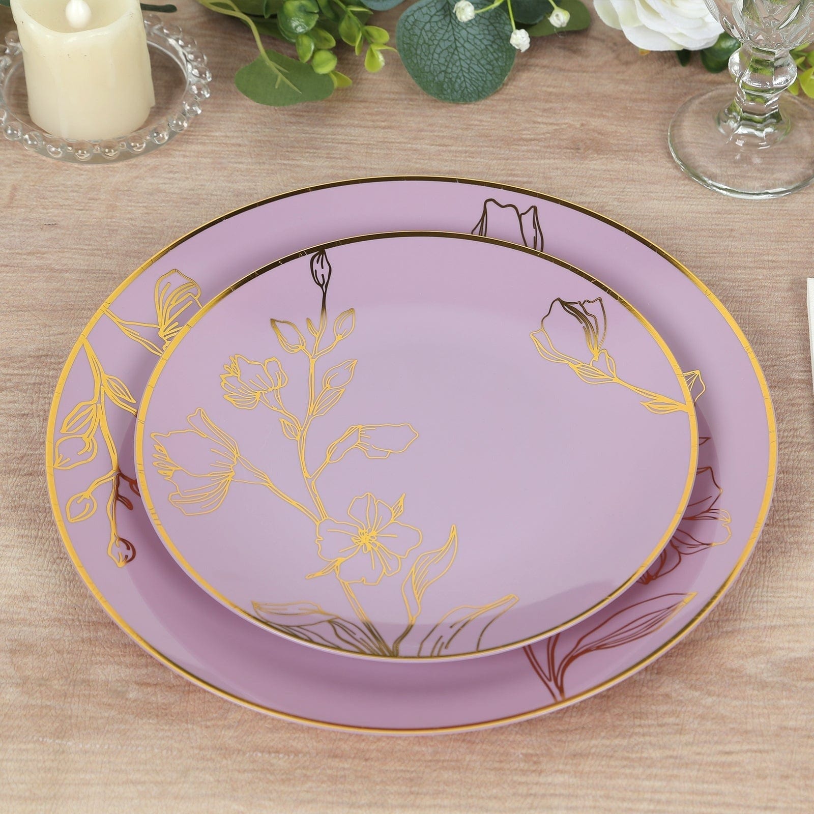 20 Round Plastic Salad Dinner Plates with Gold Floral Design - Disposable Tableware