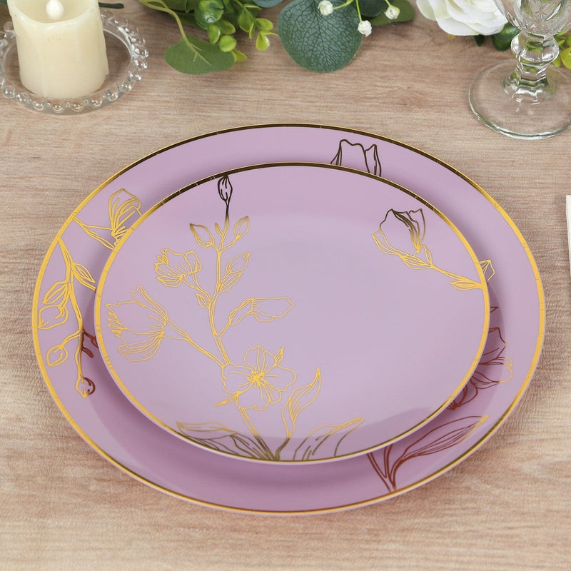 20 Round Plastic Salad Dinner Plates with Gold Floral Design - Disposable Tableware