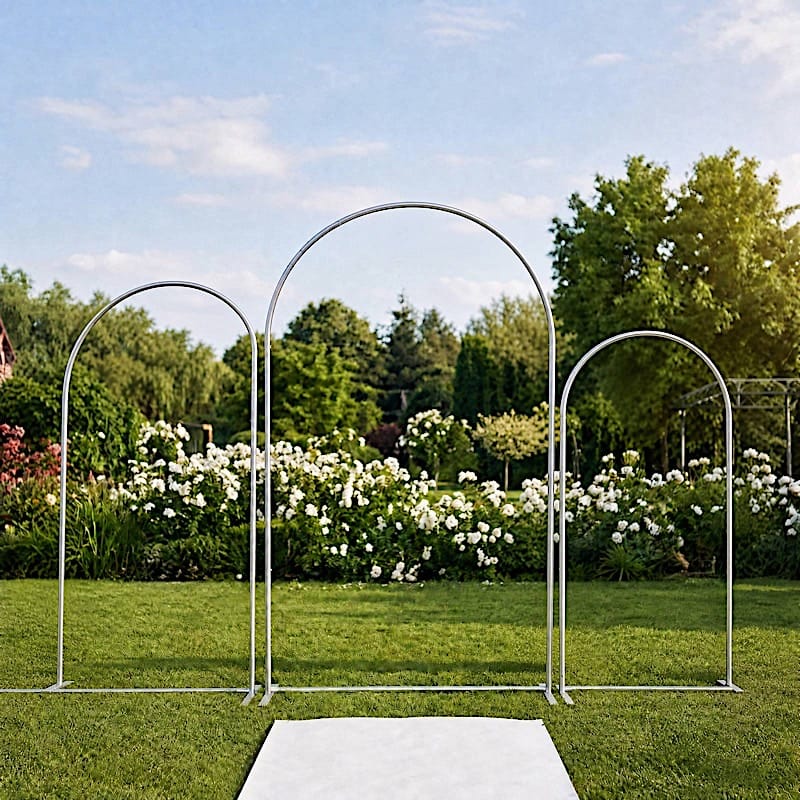 Set of 3 Round Top Aluminum Chiara Backdrop Stands with Half Moon Arch Frame - Silver BKDP_STND_ALUM_ARCH_SET3
