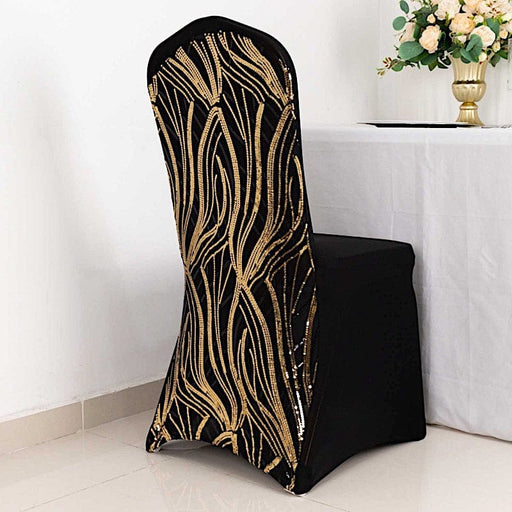 Spandex Stretch Banquet Chair Cover with Wave Embroidered Sequins