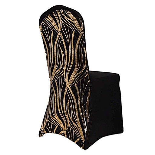 Spandex Stretch Banquet Chair Cover with Wave Embroidered Sequins CHAIR_SPX02_WAVE_BLKGD