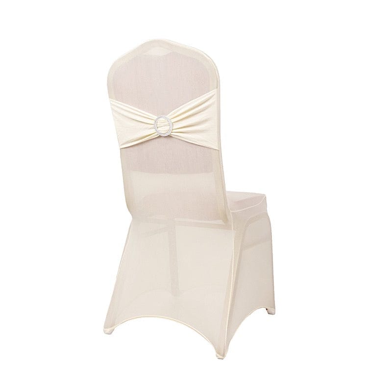 Spandex Stretchable Banquet Chair Cover with Silver Rhinestone Buckled CHAIR_SPX_BAND_IVR
