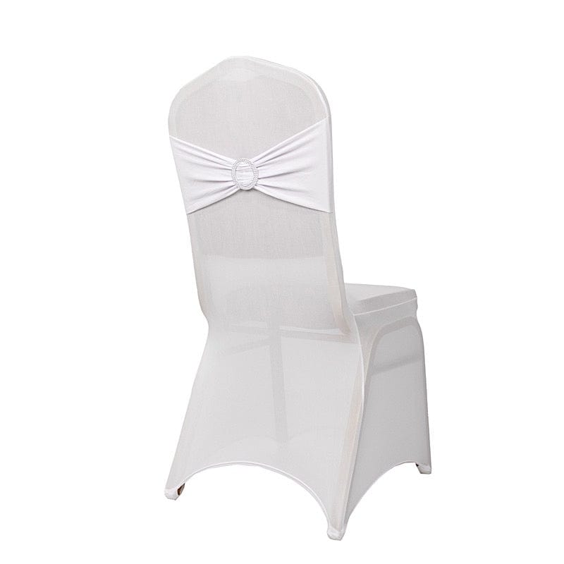 Spandex Stretchable Banquet Chair Cover with Silver Rhinestone Buckled CHAIR_SPX_BAND_WHT