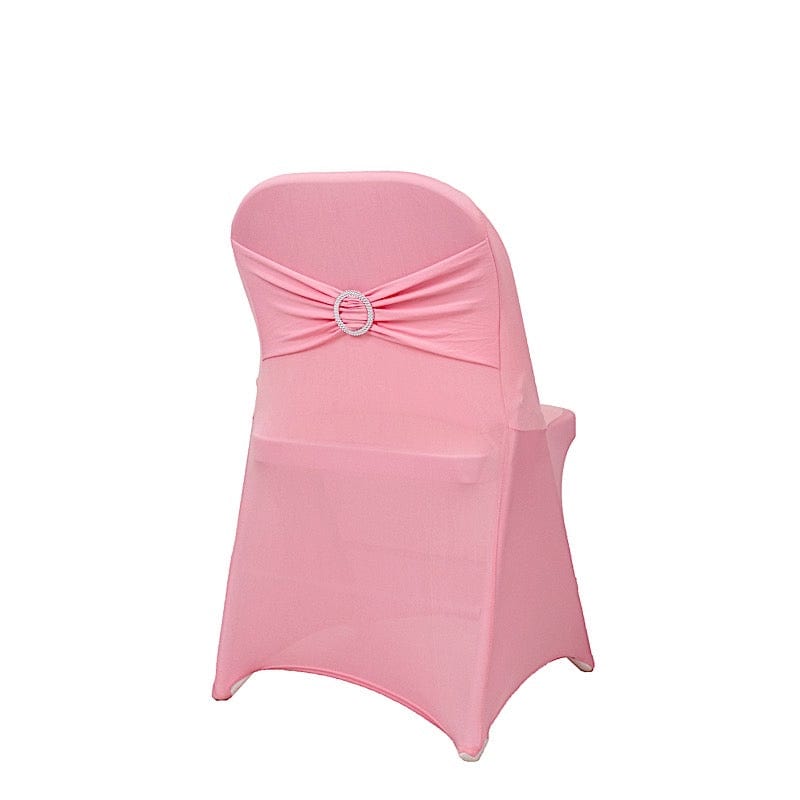 Spandex Stretchable Folding Chair Cover with Silver Rhinestone Buckled CHAIR_SPFD_BAND_PINK