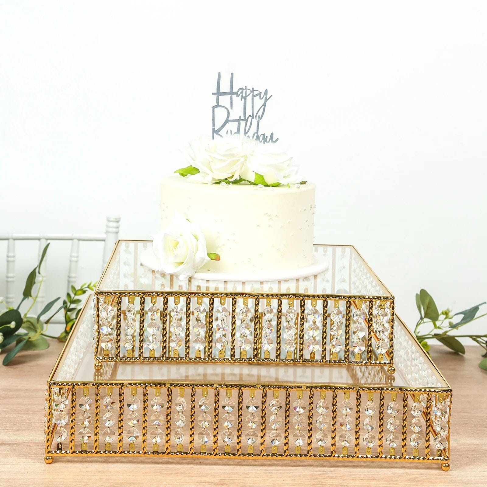 Square Metal Cake Stand with Glass Top and Hanging Crystal Beads