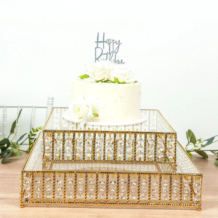 Square Metal Cake Stand with Glass Top and Hanging Crystal Beads